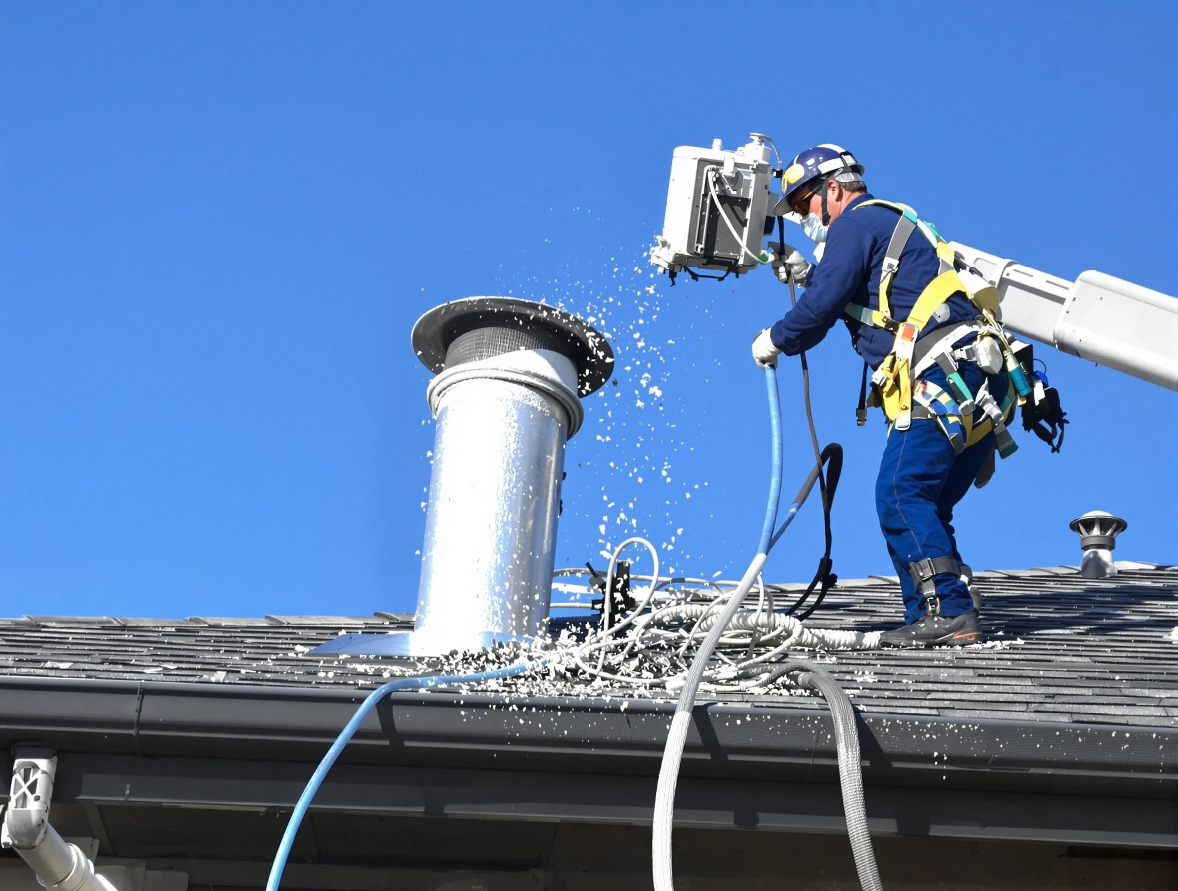 Johns Creek Dryer Vent Cleaning certified technician safely cleaning a roof-mounted dryer vent in Johns Creek