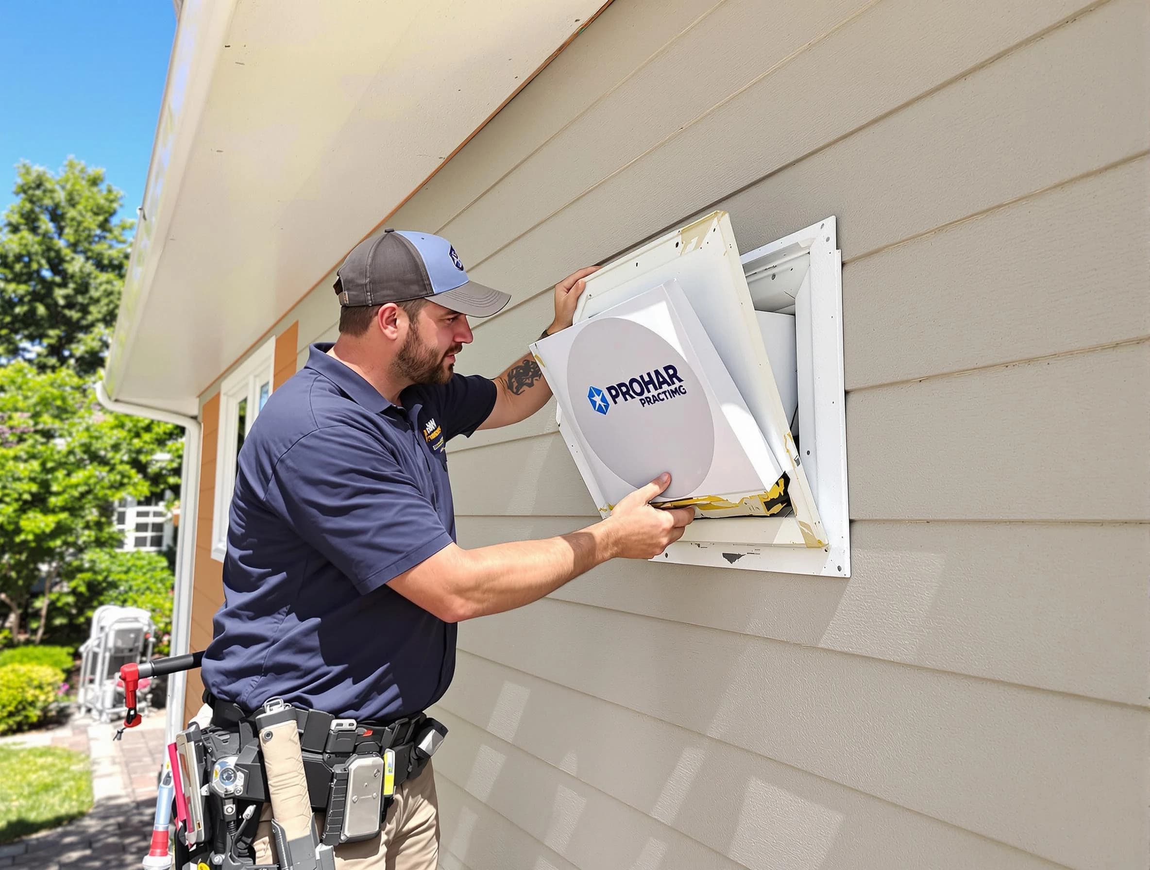 Johns Creek Dryer Vent Cleaning technician installing a new protective dryer vent cover on a home in Johns Creek