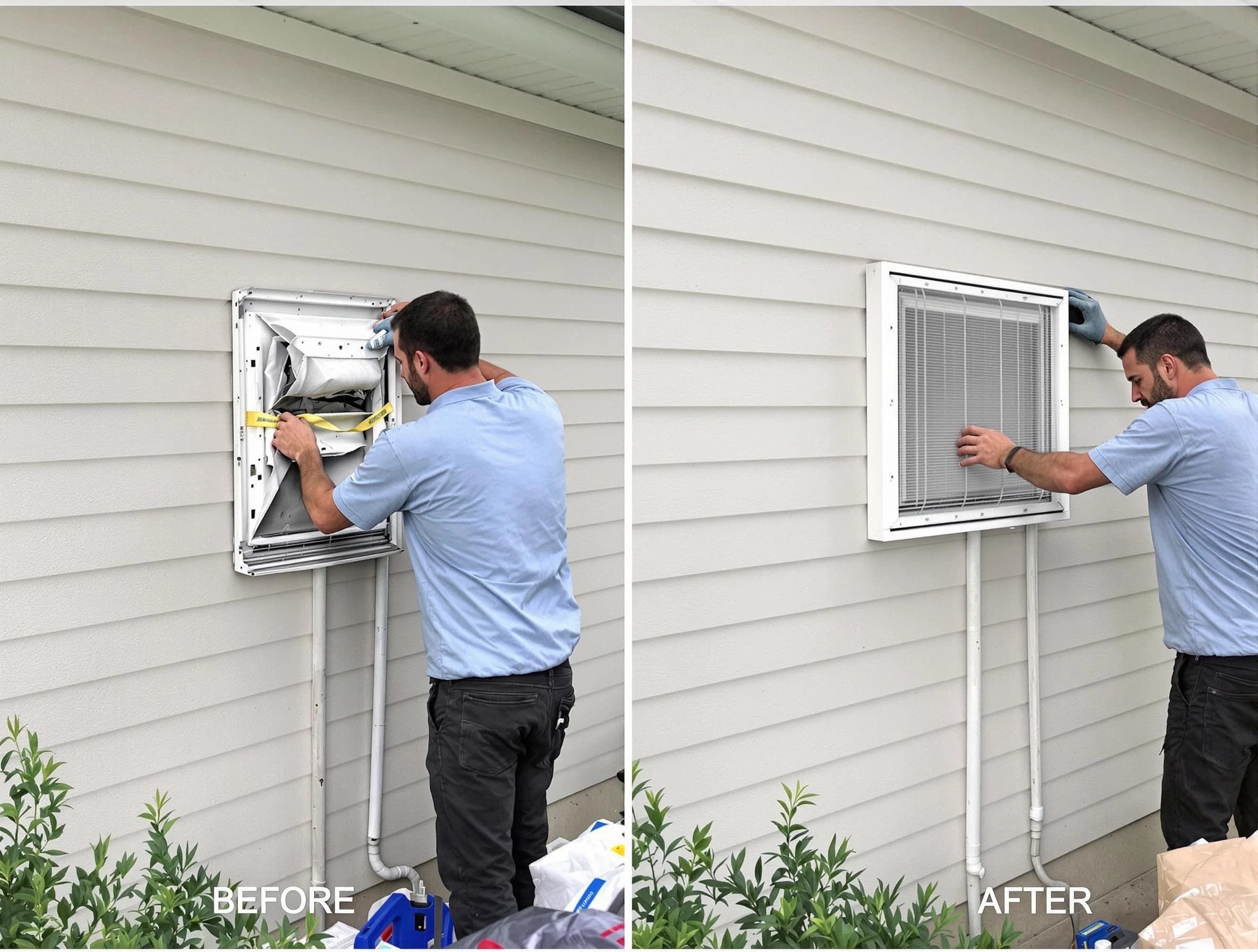 Johns Creek Dryer Vent Cleaning technician installing high-quality dryer vent cover at a residential property in Johns Creek