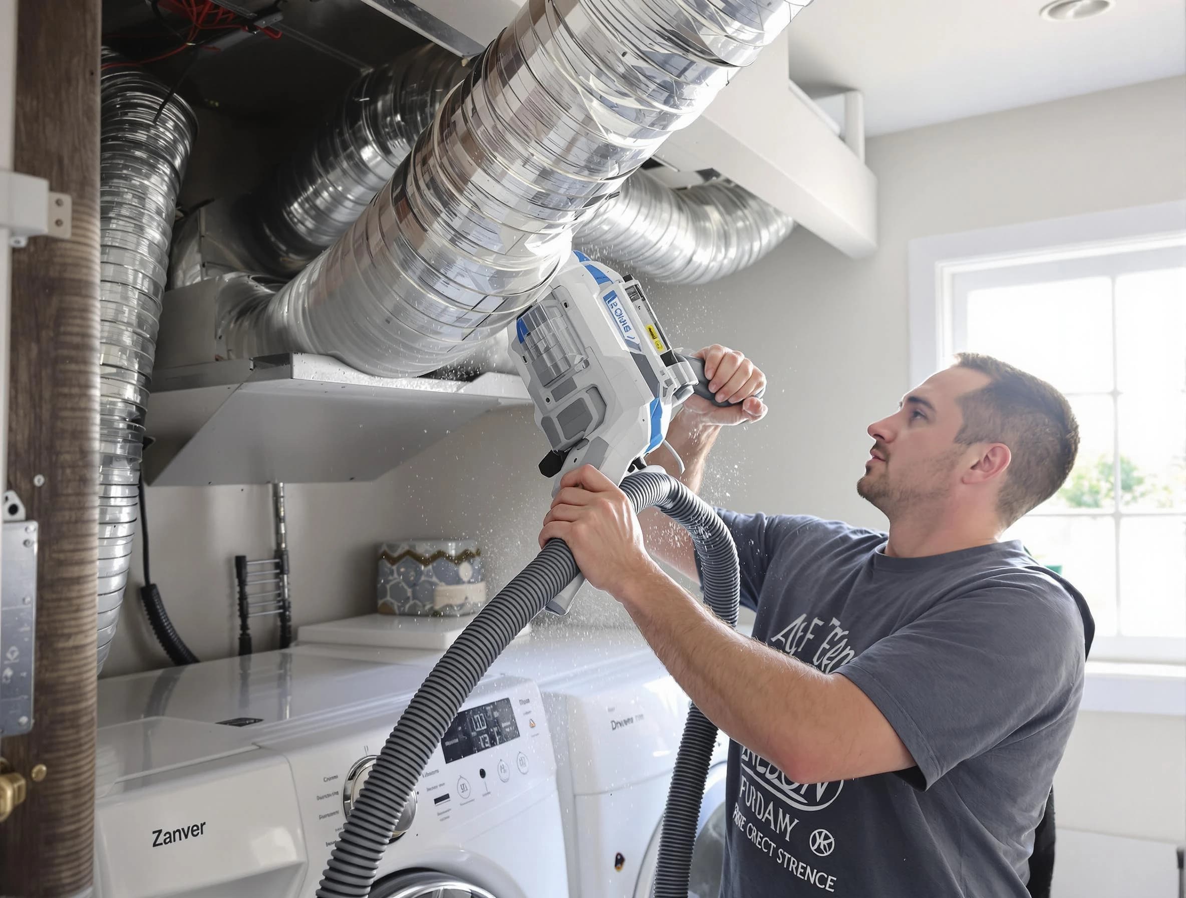 Johns Creek Dryer Vent Cleaning specialist cleaning deep within a dryer vent duct system in Johns Creek