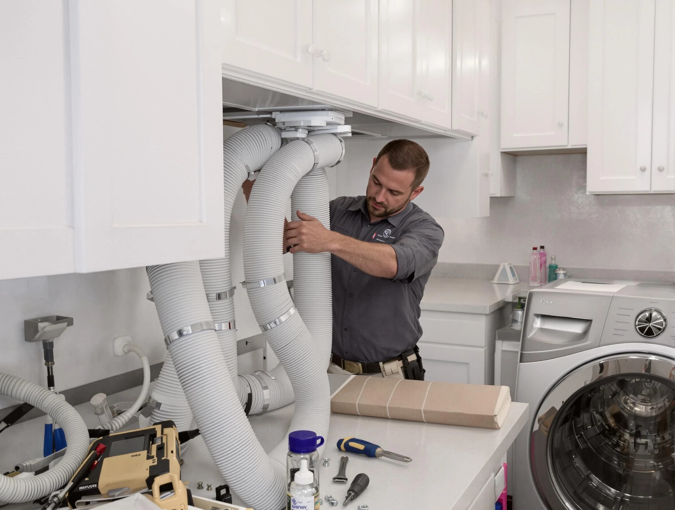 Johns Creek Dryer Vent Cleaning technician installing a new professional-grade dryer vent hose in Johns Creek