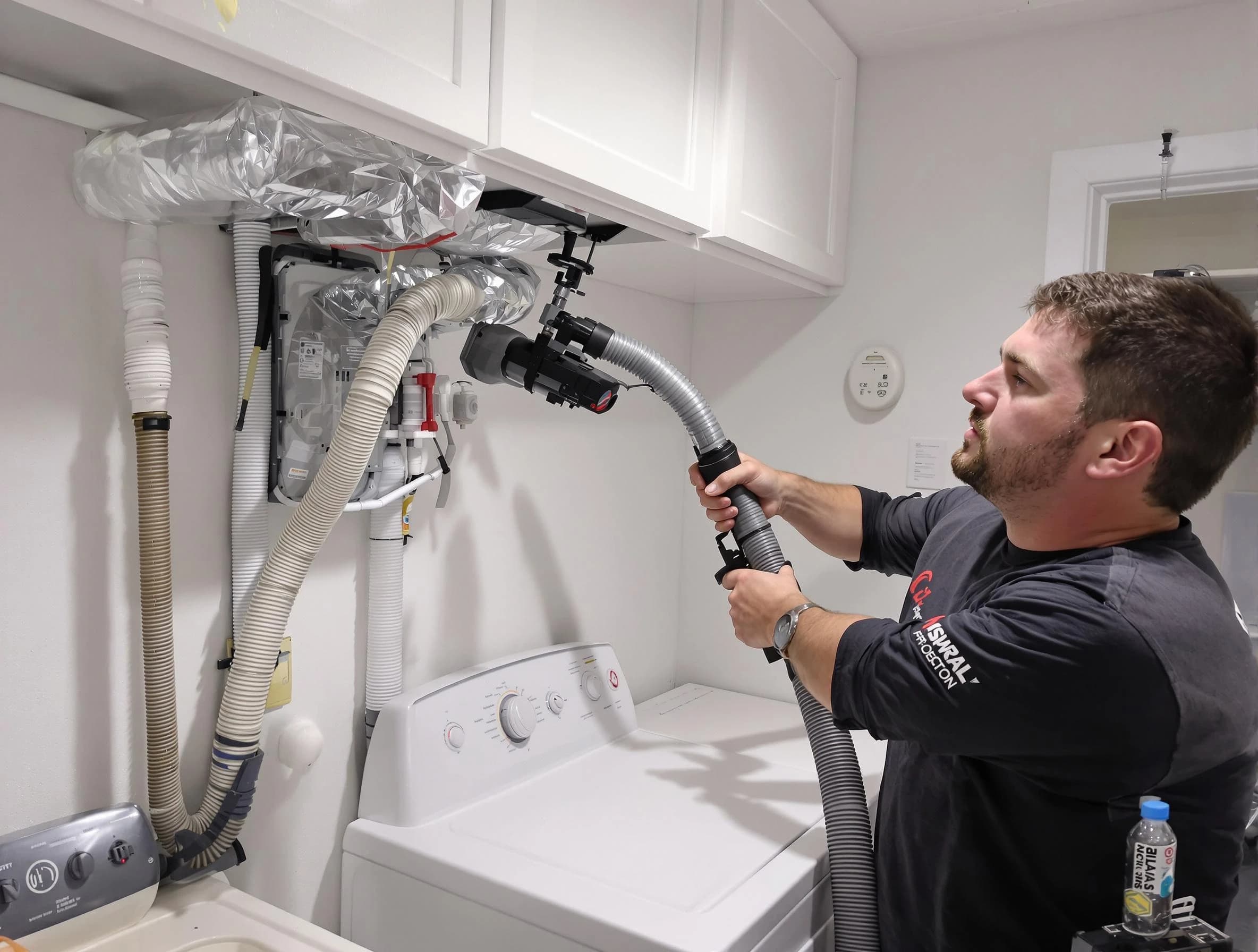 Johns Creek Dryer Vent Cleaning certified technician performing safety-focused gas dryer vent cleaning in Johns Creek